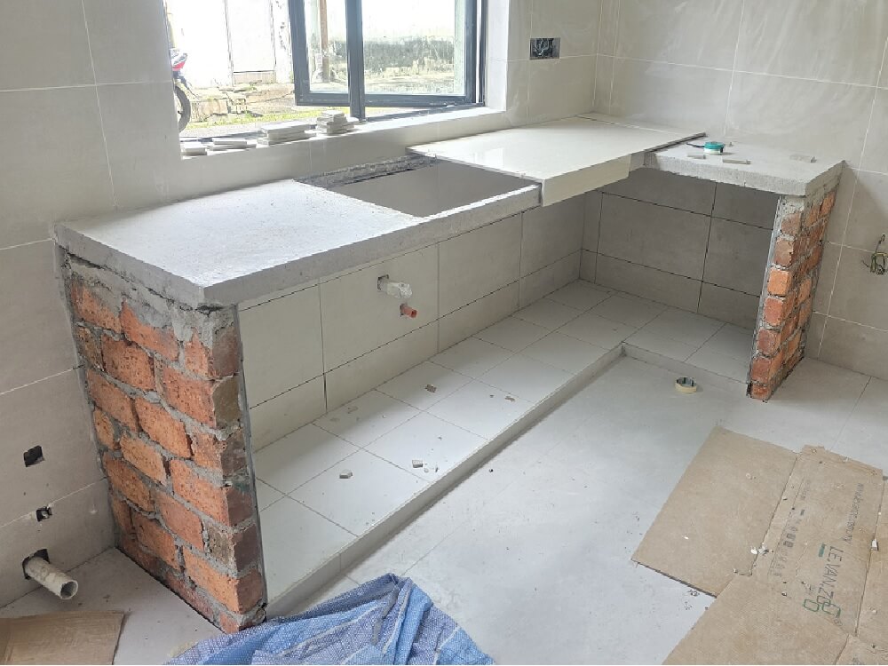 kitchen concrete table with built-in cabinet