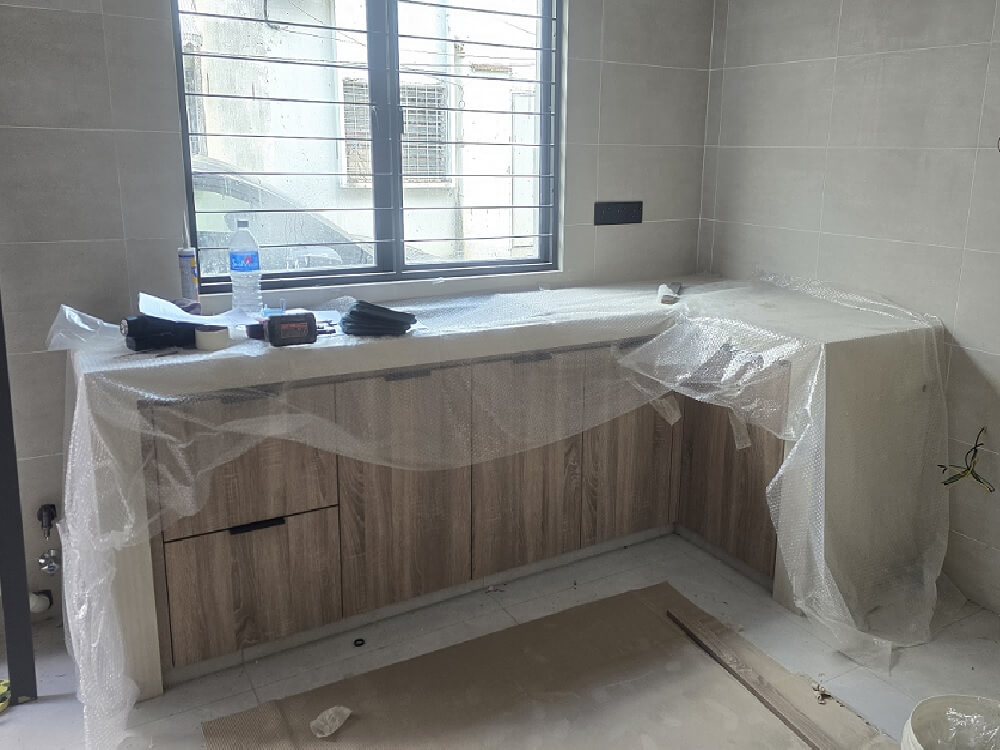 kitchen concrete table with built-in cabinet
